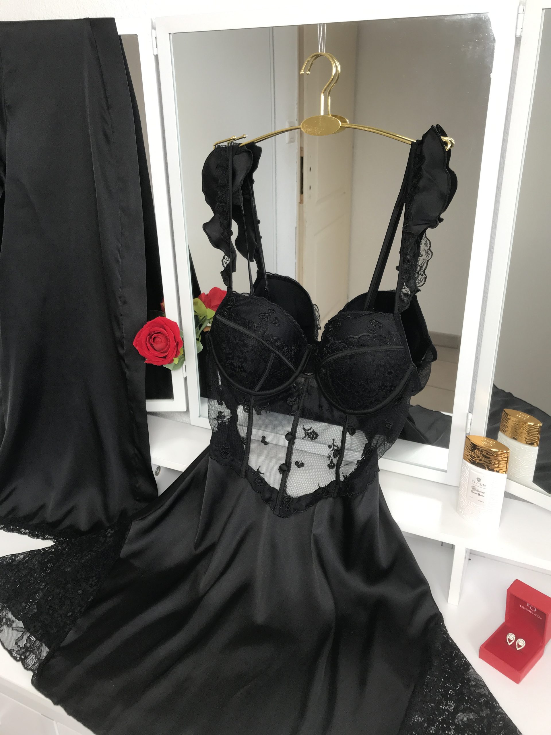 Ensemble Nuisette & Kimono – Noir élégant avec dentelle – Image 3